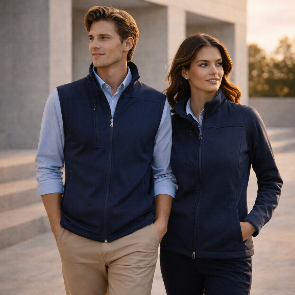 Navy blue zip-front UTech SoftShell Vest, mens softshell vest to stay warm