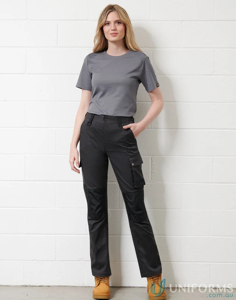 Women’s grey short-sleeved t-shirt with Utility Stretch Cargo Work Pants for comfort
