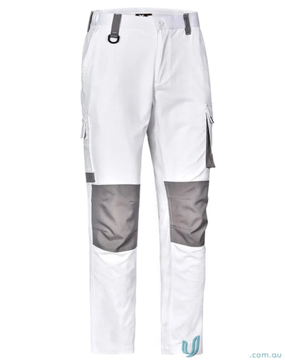 White utility stretch cargo work pants with grey knee pads and utility pockets