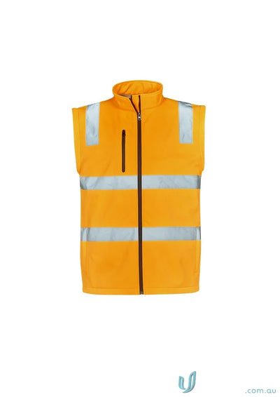 Orange safety vest with reflective stripes on VIC Rail 2in1 Softshell Jacket for visibility
