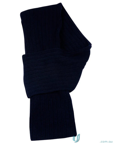 Dark blue Winning Spirit Cable Knit Scarf with ribbed knit texture for cozy style