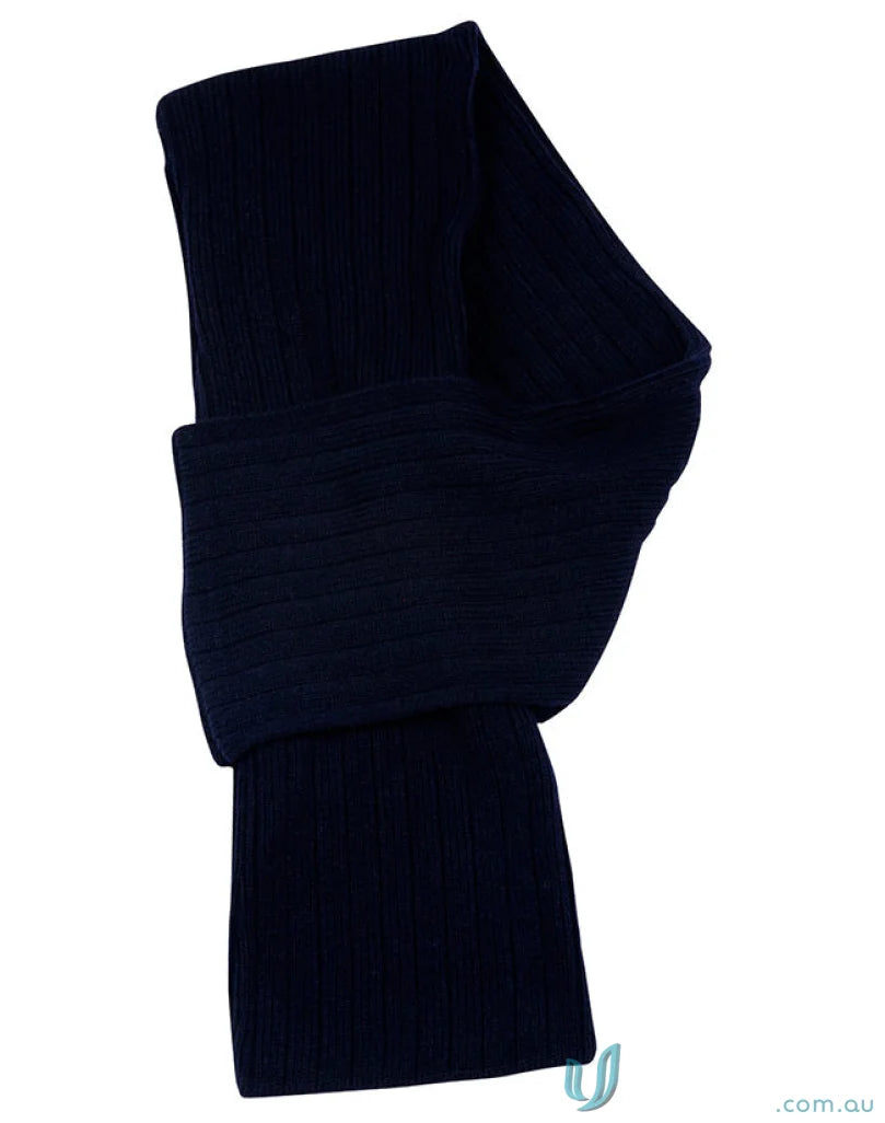 Dark blue Winning Spirit Cable Knit Scarf with ribbed knit texture for cozy style