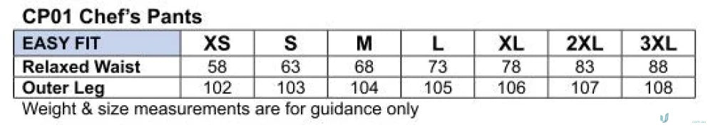 Size chart for Winning Spirit CP01 Chefs Pants with elastic waistband and patch pocket