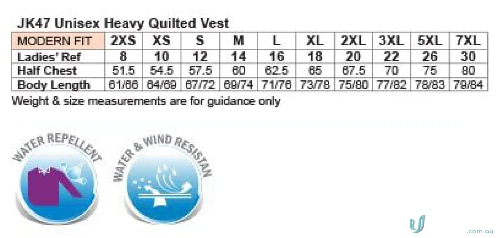 Hotham Puffer Vest size chart
