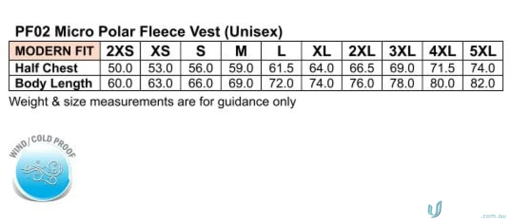 Freedom Polar Fleece Vest size chart