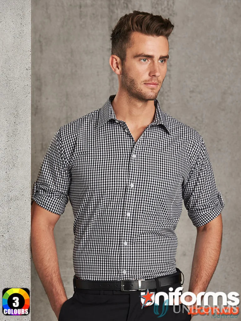 Man in black and white check mens gingham check Winning Spirit Gingham Roll Up LS Shirt