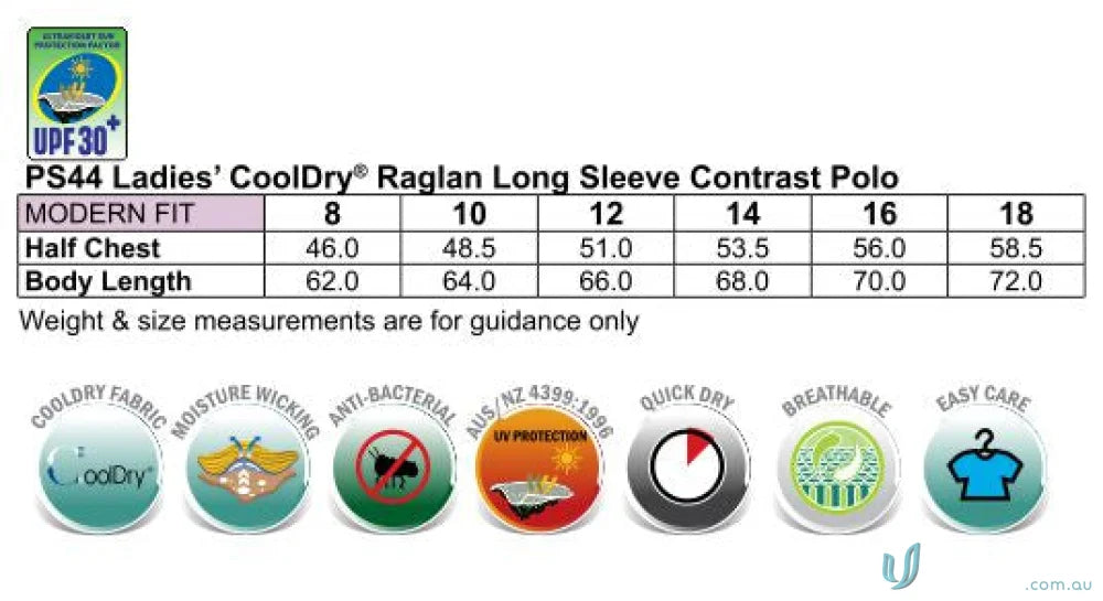 Ladies Iconic Raglan LS Polo size chart