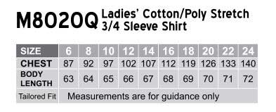Ladies Stretch 3qtr Shirt size chart