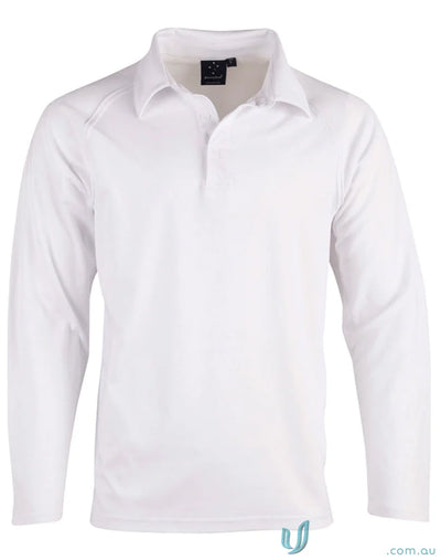 White long-sleeved polo shirt from Winning Spirit LS Cricket Polo with raglan sleeves and ps29l cricket polo branding