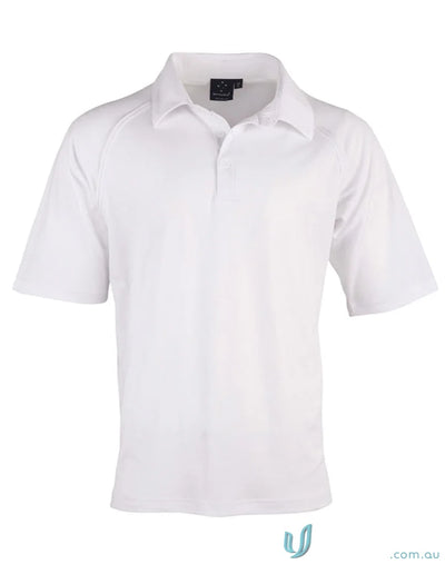White short-sleeved polo shirt from Winning Spirit SS Cricket Polo with moisture-wicking tech