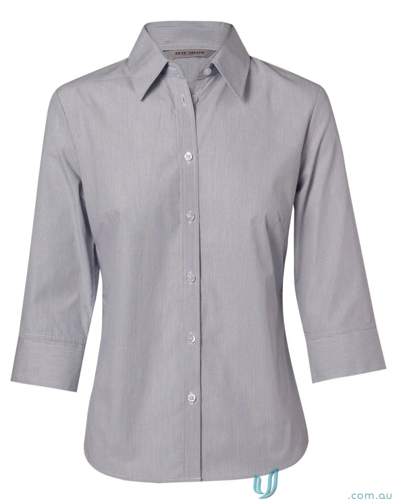 Gray striped womens fine stripe Winning Spirit 3Qtr Shirt with buttons