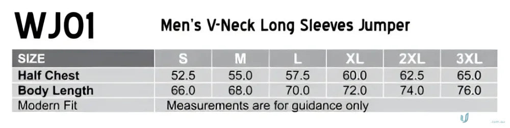 Mens V-Neck Long Sleeves Jumper size chart for Winning Spirit Wool Acrylic Knit Jumper
