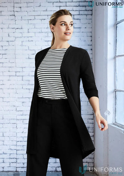 Women’s Chelsea long line cardigan RLC970L over striped top and black trousers