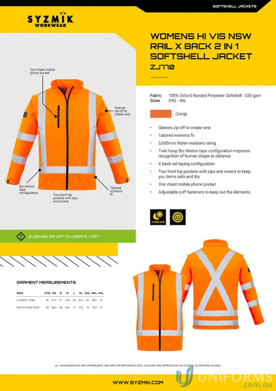 Women’s hi-vis orange 2-in-1 softshell jacket with reflective stripes for NSW Rail Network