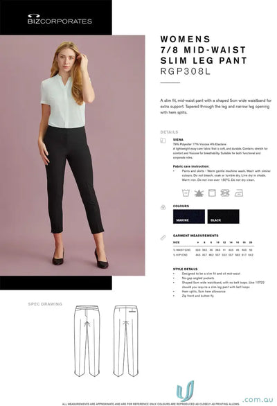 Womens Siena 7/8 mid-waist slim leg pants in black/navy with tapered leg and hem splits
