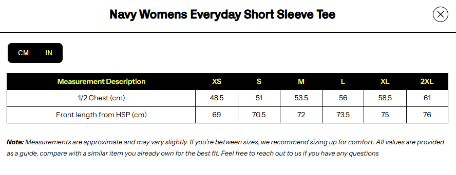 Womens Premium Everyday Tee size chart