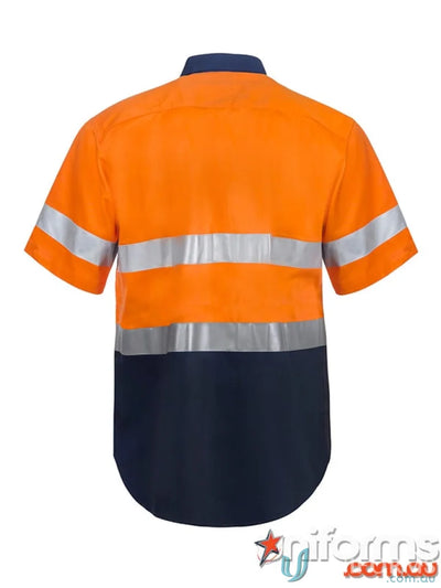 WorkCraft HiVis S/S Shirt with orange and navy blue cotton drill work uniform and reflective tape