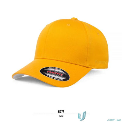 Gold Flexfit baseball cap featuring flexfit technology and athletic shape by Worn By The World