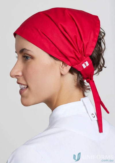 Red cotton head covering for food truck operators - Yes Chef Twist Chef Bandana