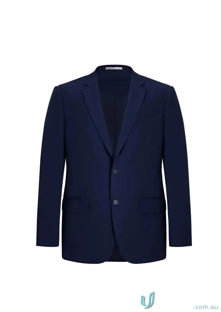 Navy blue men’s Siena 2 button jacket with non-functional sleeve buttons