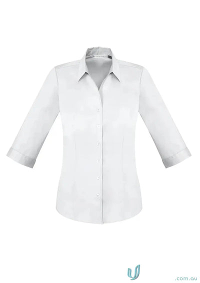 White three-quarter sleeve cotton-rich monaco shirt with french cuffs for YR Ladies EMB