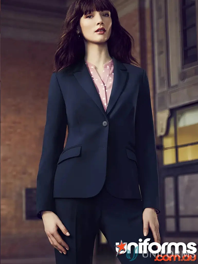 Navy blue Siena Mid Length Jacket showing a flattering silhouette and tapered waist