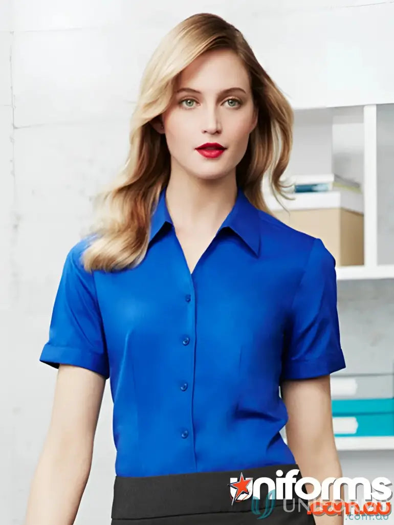 Blue short-sleeved button-down shirt for women’s Monaco s770ls from YR Ladies EMB collection