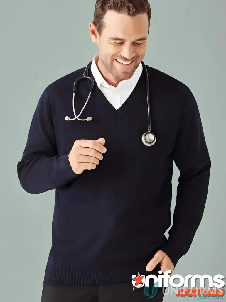 Navy v-neck sweater with stethoscope from YR Mens EMB Knit Jumper, part of Biz Collection Milano made with merino wool
