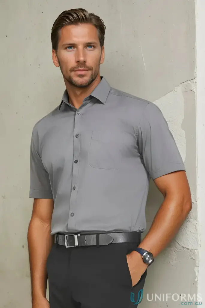 Man in gray YR Mens EMB SS Shirt, perfect for monaco short or sleeve shirt offers